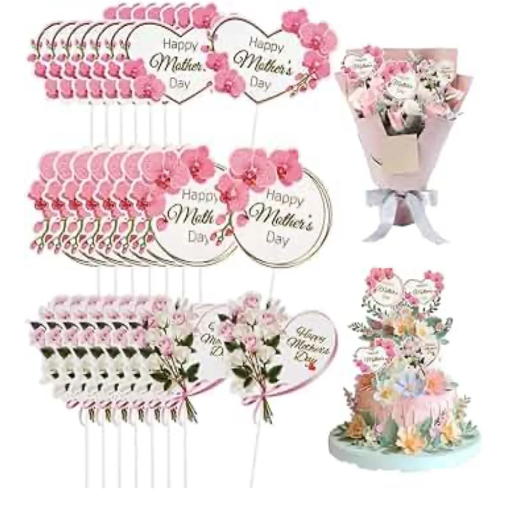 Charming Pink Floral Mother's Day Cake Topper Set